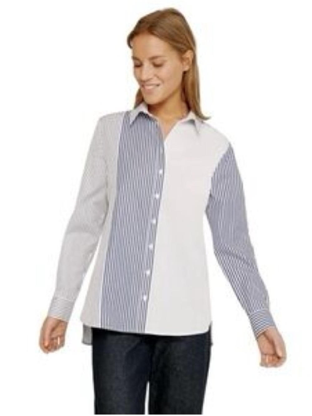 Anthropologie harshman cotton Striped White & Navy Long-Sleeve Button Shirt Sz m